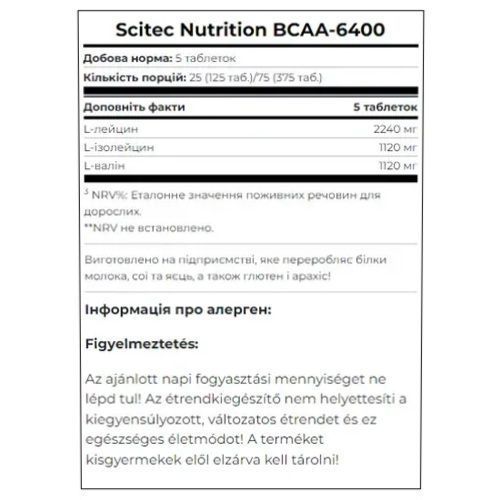 Склад та харчова цінність Scitec Nutrition BCAA 6400 (125 таб.)